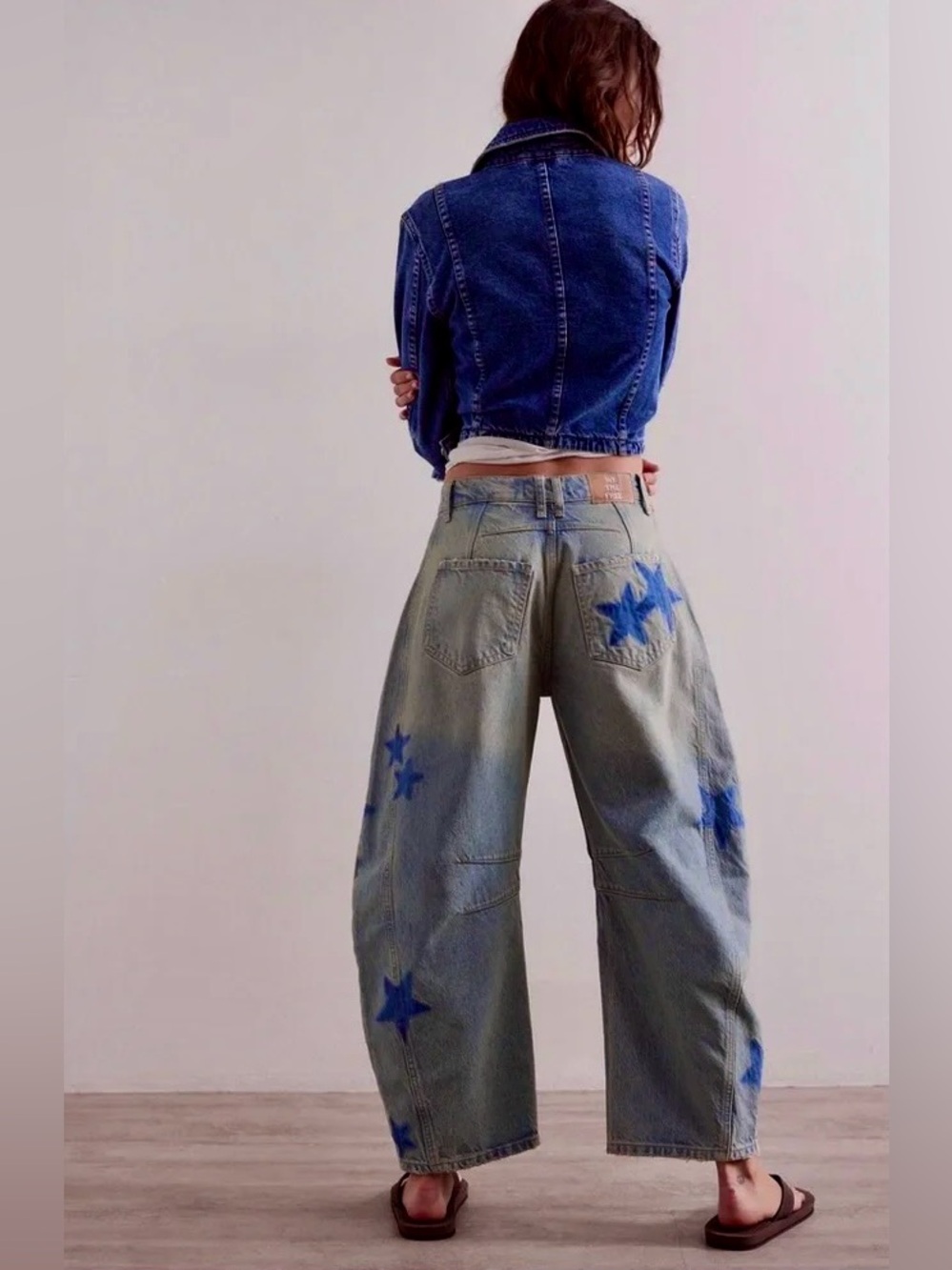 NEW Free People x WTF Good Luck Shadow Patch Barrel Jeans -Dark Wash w/ Stars ⭐️ - Picture 9 of 16